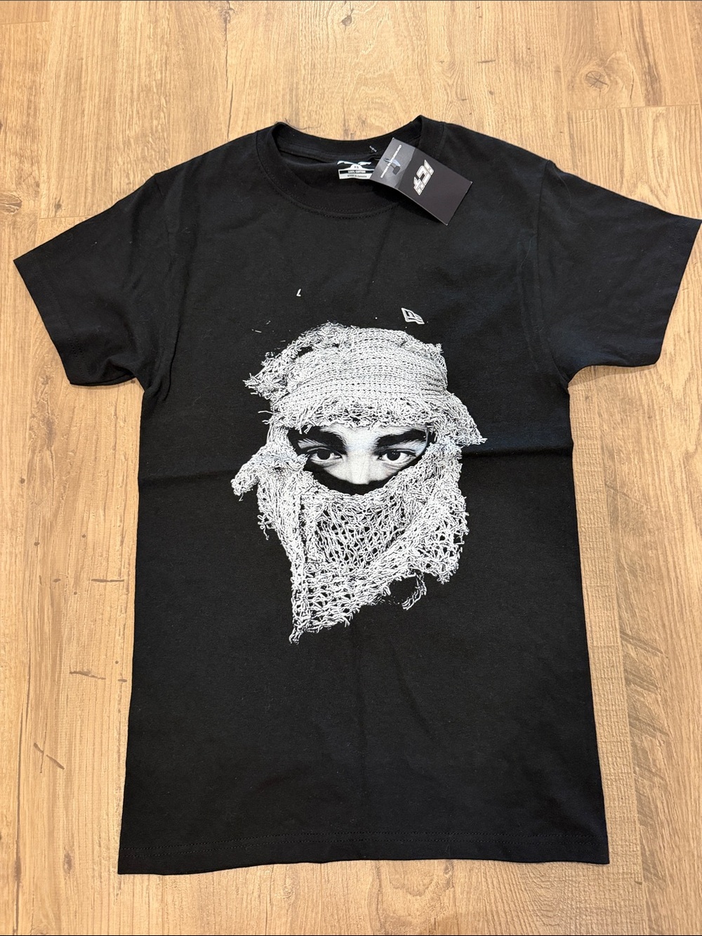 Black Short Sleeve Tee with White Masked Face Graphic